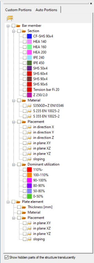 Auto portion categories in Consteel