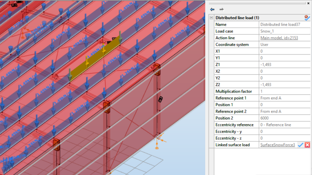 The use of load transfer surface is an easy and efficient way to distribute surface loads to bar members. But since it is not a real mechanical process, the distribution can not always yield the expected solution (for instance can not consider the stiffness of the surface). To handle this problem we have modified the basic operation of the load transfer surface in Consteel allowing the user to edit the properties of the generated line loads once unlinked from the surface load. The automatic update (regeneration of the line loads) function can also be controlled by the user.