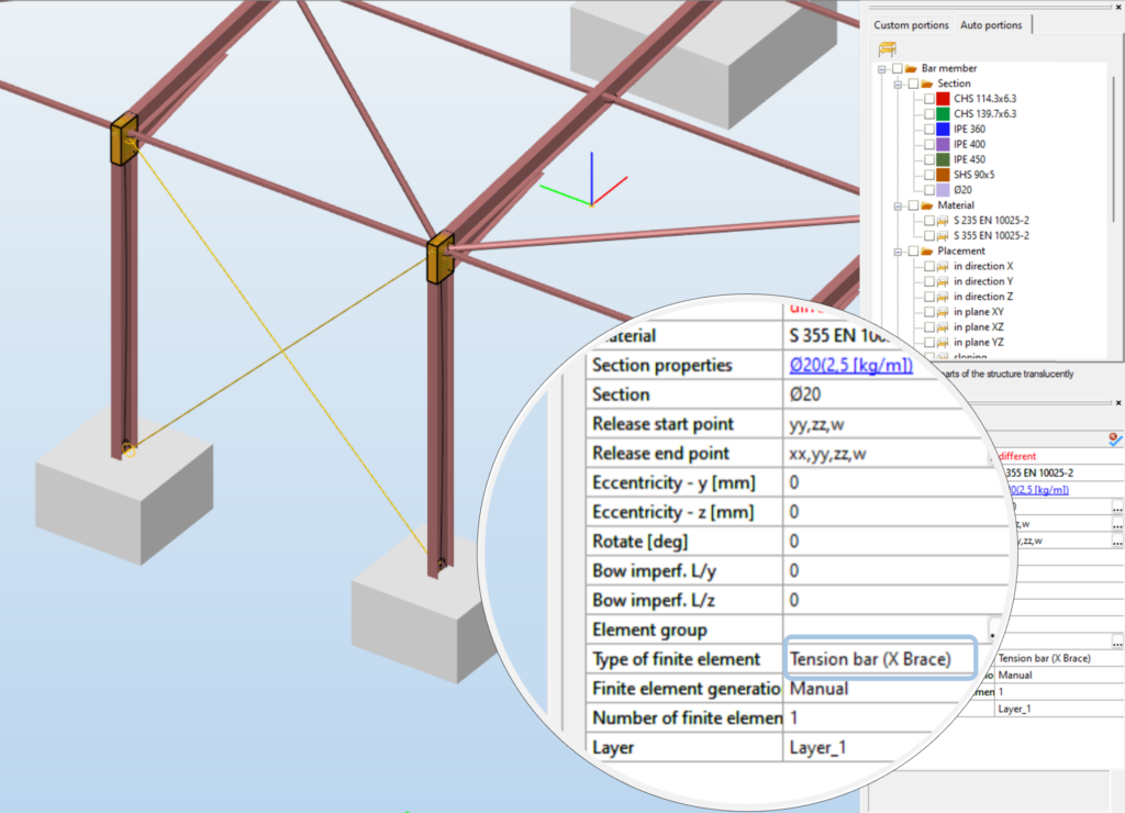 The new development  in Consteel allows the user to set the finite element type of these members to X Brace, which handles the problematic analysis types with the usual linearization technique and automatically leaves these members out from the second order matrix compilation. 
