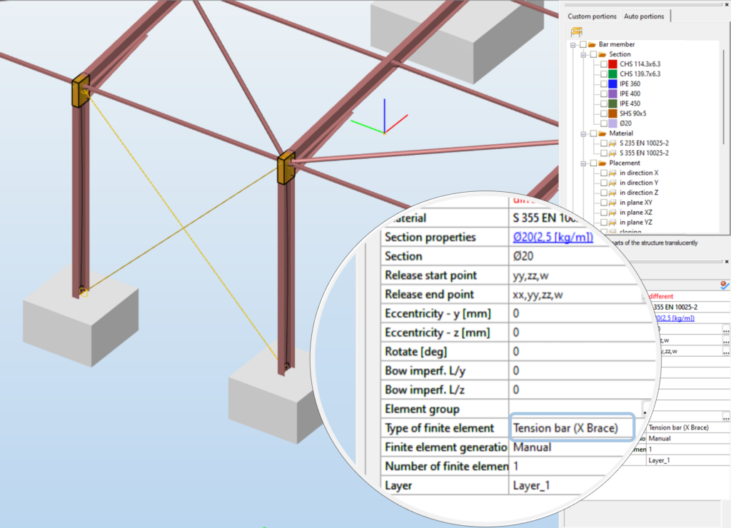 The new development in Consteel allows the user to set the finite element type of these members to X Brace, which handles the problematic analysis types with the usual linearization technique and automatically leaves these members out from the second order matrix compilation.